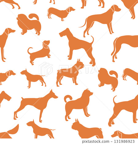 Seamless pattern with various dog silhouettes in orange on white background 131986923
