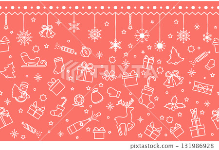Christmas pattern background with icons of gifts, trees, and decorations in a festive design Christmas pattern background with icons of gifts, trees, and decorations in a festive design 131986928