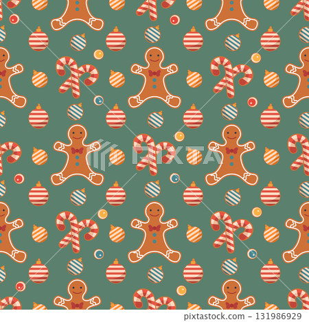 Christmas-themed seamless pattern featuring gingerbread men, candy canes, and ornaments 131986929