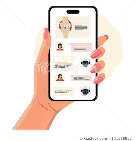 Chat conversation on smartphone screen held by hand displaying diverse messages Chat conversation on smartphone screen held by hand displaying diverse messages 131986932