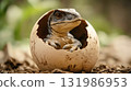 A little baby dragon hatching out of an egg In the ancient forest of animals of millions of years ago of Prehistoric World 131986953