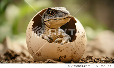 A little baby dragon hatching out of an egg In the ancient forest of animals of millions of years ago of Prehistoric World A little baby dragon hatching out of an egg In the ancient forest of animals of millions of years ago of Prehistoric World 131986953