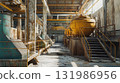 Construction site with stacked materials and machinery in large industrial facility for process structure of mortar factory 131986956