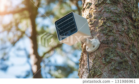 Solar panel energy powered security camera mounted on a tree in a sunny park Solar panel energy powered security camera mounted on a tree in a sunny park 131986961