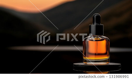 Stylish amber dropper bottle against a soft sunset backdrop in nature 131986991