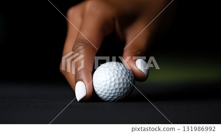 Golf ball gently positioned on putting green by a focused player 131986992