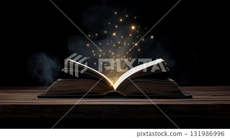Open book releasing magical sparks in a dark setting 131986996