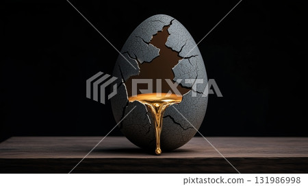 Cracked egg with golden liquid flowing from inside on wooden table 131986998
