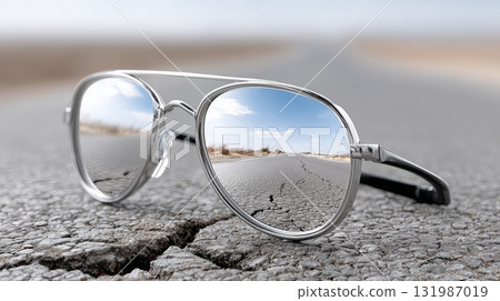 Glasses on cracked pavement reflecting blue sky and distant landscape 131987019