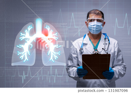 Doctor assessing lung health with medical charts and digital graphics in a healthcare setting Doctor assessing lung health with medical charts and digital graphics in a healthcare setting 131987096