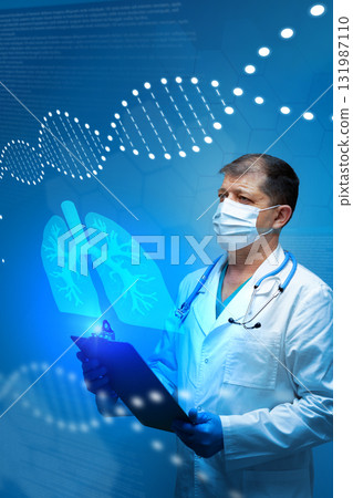 Doctor examining lung health with technological data in modern medical facility 131987110