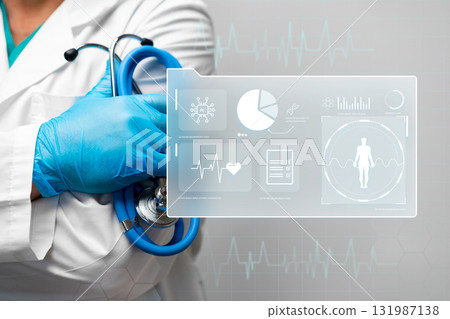 Health professional presenting digital health metrics in a clinical setting 131987138