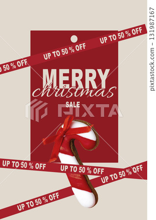 Christmas sale sign with candy cane and discount ribbons for holiday shopping promotions 131987167