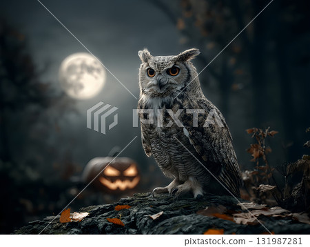 Owl near a carved glowing jack-o'-lantern with full moon behind. Halloween 131987281
