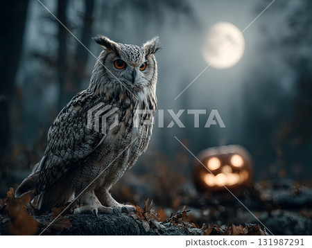 Owl near a carved glowing jack-o'-lantern with full moon behind. Halloween 131987291