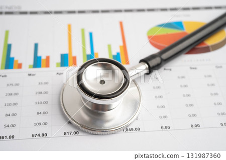 Stethoscope on chart or graph paper, Financial, account, statistics and business data medical health. Stethoscope on chart or graph paper, Financial, account, statistics and business data medical health. 131987360