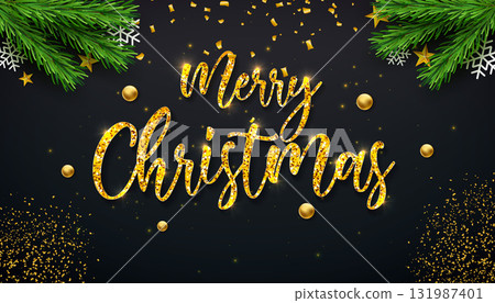 Merry Christmas and Happy New Year Greeting Card Banner with Fir Branch and Gold Glittered Typography Lettering on Black Background. Vector Xmas Holiday Season Design with Decoration Elements for 131987401