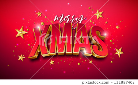 Merry Christmas and Happy New Year Greeting Card Banner with Fir Branch and 3d Typography Lettering on White Background. Vector Xmas Holiday Season Design with Decoration Elements for Party Flyer 131987402