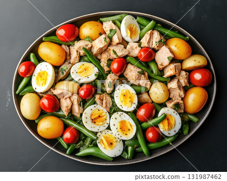 Tuna nicoise salad with green beans, potatoes, olives, hard-boiled eggs, and anchovies 131987462