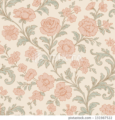 Toile de jouy vector seamless vintage pattern soft pastel color palette 131987522