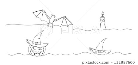 Pumpkin, wizard hat and bat one line illustration. Hand drawn vector continuous sketch of candle isolated on white background. Halloween designs set 131987600