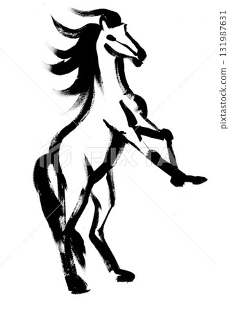 An illustration of a rearing horse in the style of oriental calligraphy isolated An illustration of a rearing horse in the style of oriental calligraphy isolated 131987631