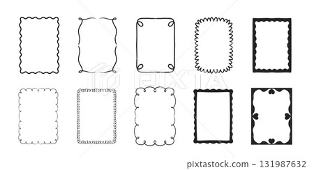 Frame and border collection with ribbon, whimsical vintage design and hand drawn line decoration. Elegant frame illustration in vector outline style for wedding, invitation, holiday card and poster Frame and border collection with ribbon, whimsical vintage design and hand drawn line decoration. Elegant frame illustration in vector outline style for wedding, invitation, holiday card and poster 131987632