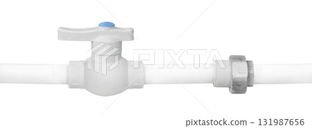 Plastic drain pipe with tap isolated on white background Plastic drain pipe with tap isolated on white background 131987656