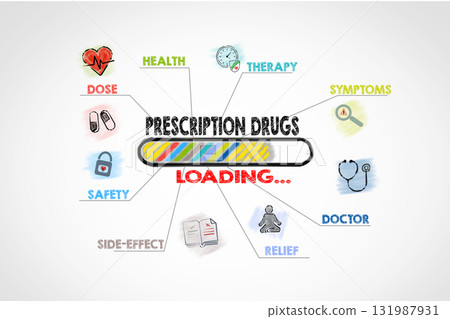 Prescription Drugs Download concept. Chart with keywords and icons. Illustration 131987931