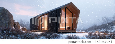 A quaint wooden cabin sits surrounded by snow-covered trees as snowflakes gently fall during twilight. The warm lights from inside create a welcoming glow against the wintery backdrop, banner 131987961
