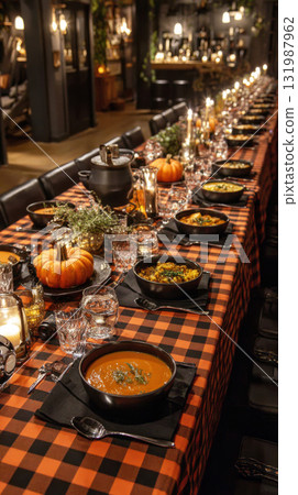 Festive Halloween party catering setup displays a variety of delicious dishes, pumpkins, flickering candles, and a spooky atmosphere for a memorable celebration 131987962