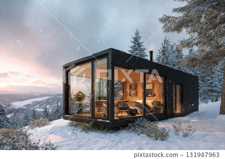 A sleek cabin sits on a snowy mountain slope under a pastel twilight sky. Warm light emanates from the windows, contrasting with the cold surroundings and creating a cozy atmosphere 131987963