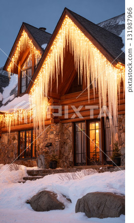 Icicles hang from a roof while soft glowing lights create a warm atmosphere as the sun sets in the background. A tranquil winter evening sets a festive mood Icicles hang from a roof while soft glowing lights create a warm atmosphere as the sun sets in the background. A tranquil winter evening sets a festive mood 131987966
