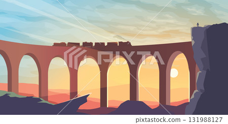 old train on bridge at sunset panorama old train on bridge at sunset panorama 131988127