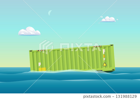 Green cargo container floating on ocean water Green cargo container floating on ocean water 131988129