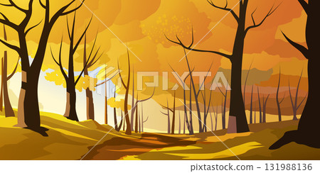 an autumn forest path with golden trees 131988136