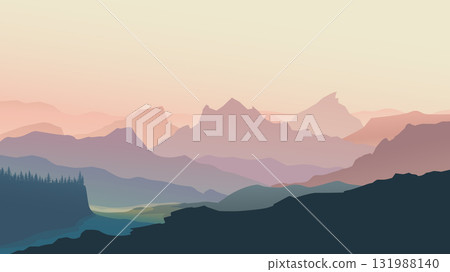 a pastel colors mountains at sunrise scene 131988140