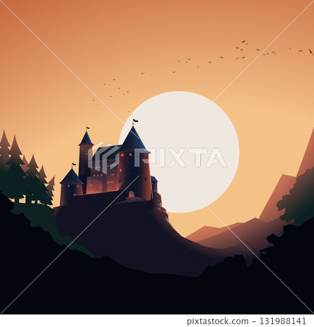 a medieval castle at orange sunset horizon a medieval castle at orange sunset horizon 131988141