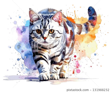 Watercolor of a walking American Shorthair 131988232