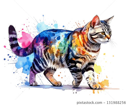 Watercolor painting of a walking American Shorthair 131988256