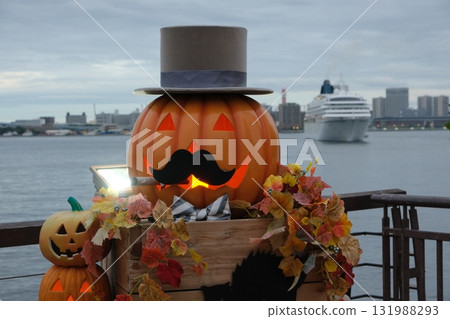 Halloween objects and harbor scenery 131988293
