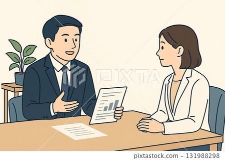 Flat illustration of a professional (lawyer or accountant) explaining materials to a client in a reception room 131988298