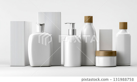 以白色和木紋為主題的化妝品容器的極簡包裝展示 131988758