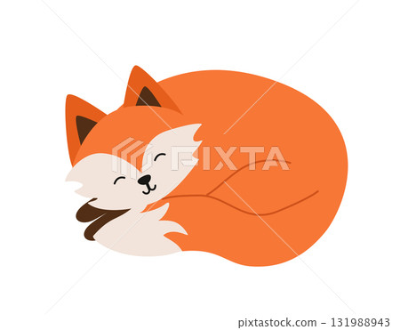 Cute cartoon fox cub sleeping curled up in a ball. Vector illustration Isolated on a white background. 131988943