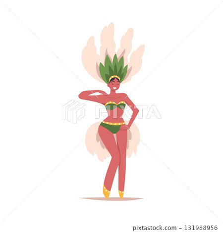 Woman Dancer at Brazilian Carnival Dressed in Colorful Feather Outfit Dancing Vector Illustration 131988956