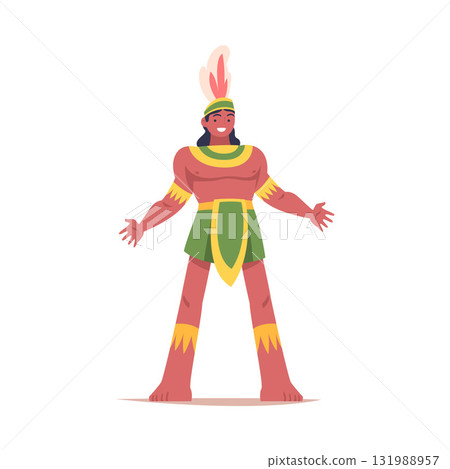 Man Dancer at Brazilian Carnival Dressed in Colorful Feather Outfit Dancing Vector Illustration 131988957