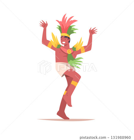 Man Dancer at Brazilian Carnival Dressed in Colorful Feather Outfit Dancing Vector Illustration Man Dancer at Brazilian Carnival Dressed in Colorful Feather Outfit Dancing Vector Illustration 131988960