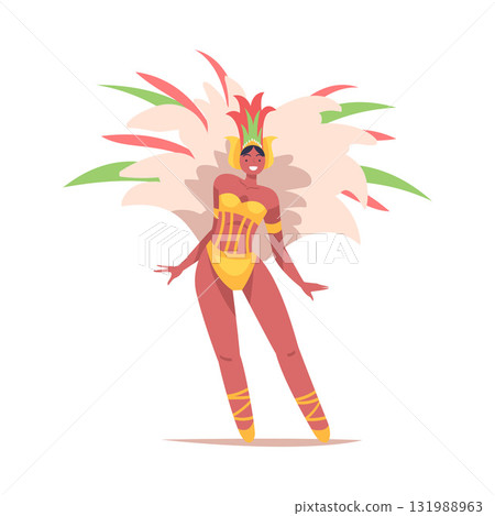 Woman Dancer at Brazilian Carnival Dressed in Colorful Feather Outfit Dancing Vector Illustration 131988963