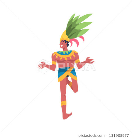 Man Dancer at Brazilian Carnival Dressed in Colorful Feather Outfit Dancing Vector Illustration 131988977