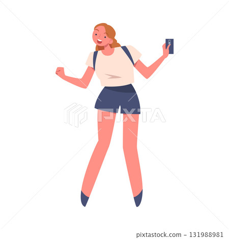 Woman Tourist with Smartphone at Brazilian Carnival Dancing Vector Illustration 131988981
